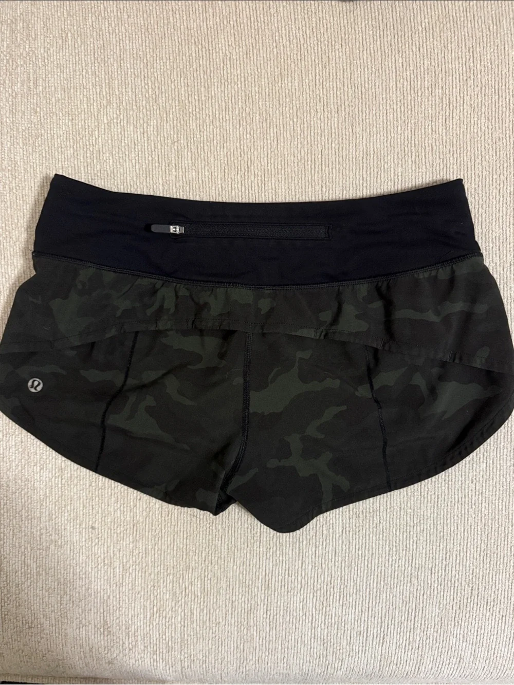 lululemon athletica Olive Green Camo Athletic Shorts with Black Waistband